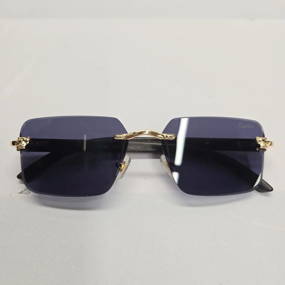 Cartier Panthere Rimless Sunglasses Gold Wood Blue Tint CT0065S